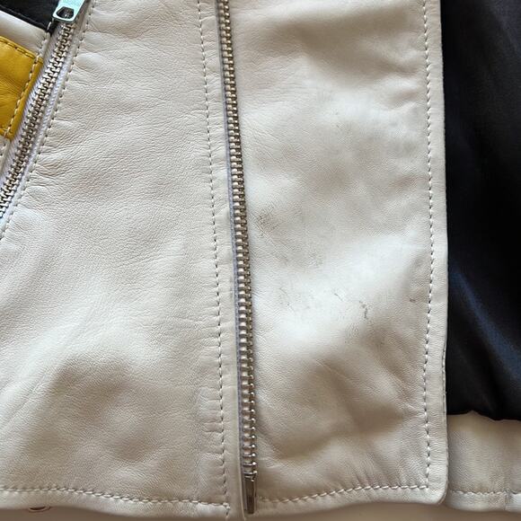 Tigha Leather Biker Jacket in White Yellow Black - Picture 16 of 16